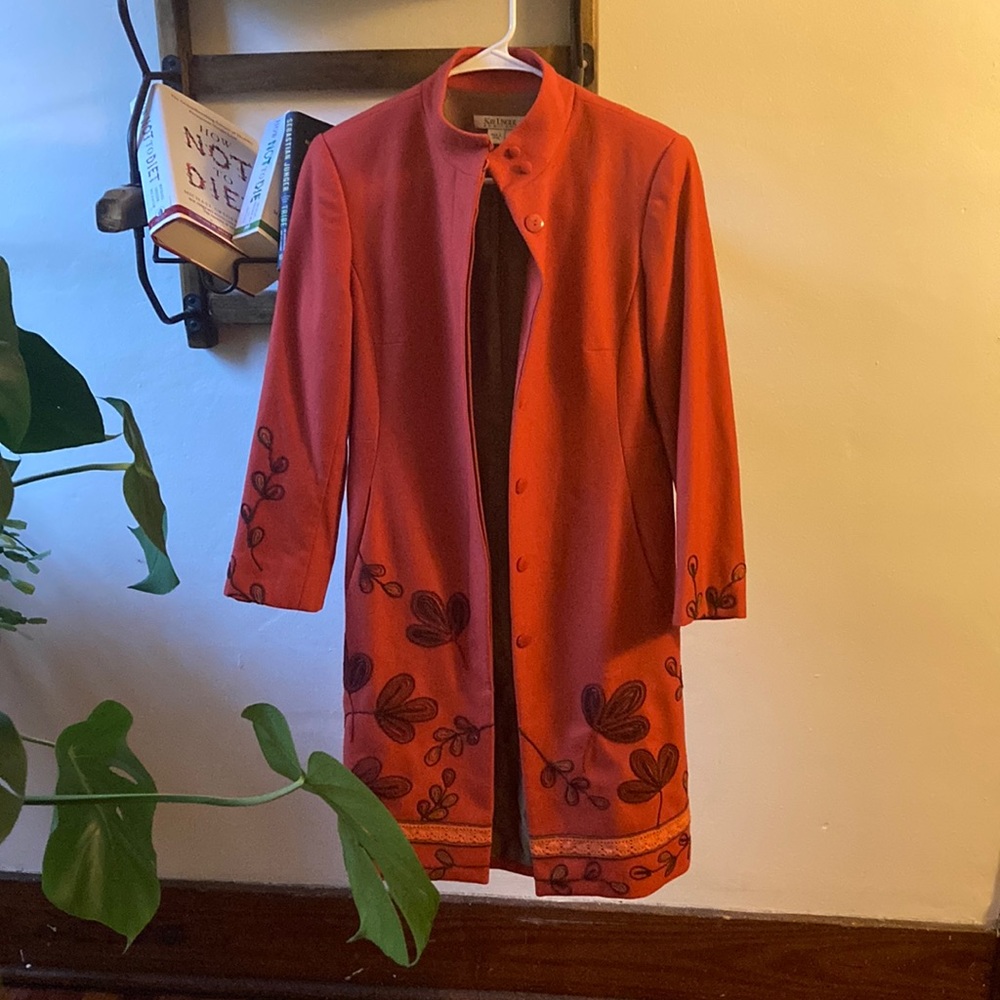 fabulous burnt orange embroidered Kay Unger long wool coat